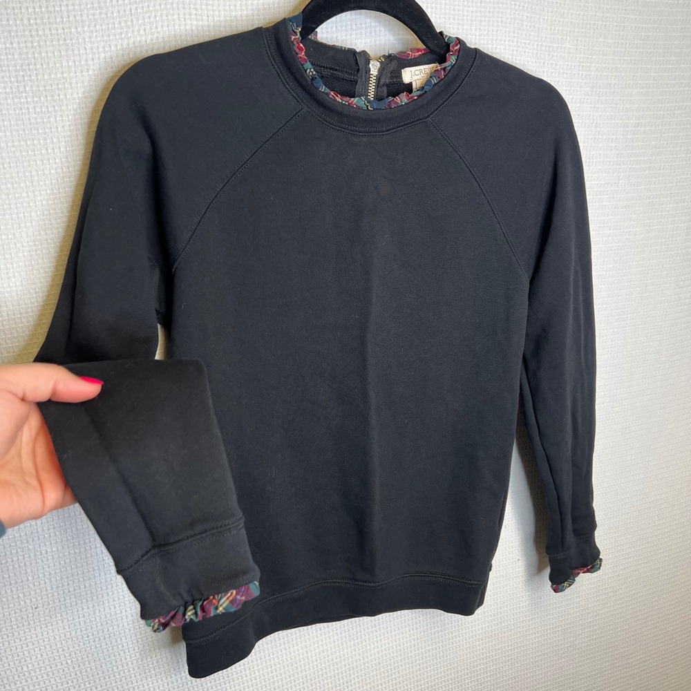 J.Crew Black Plaid Ruffle Trim Sweatshirt Back Zip Cotton XS H0273